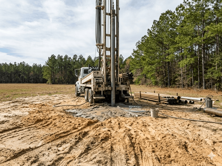 Well drilling rig positioned for a new water well installation.