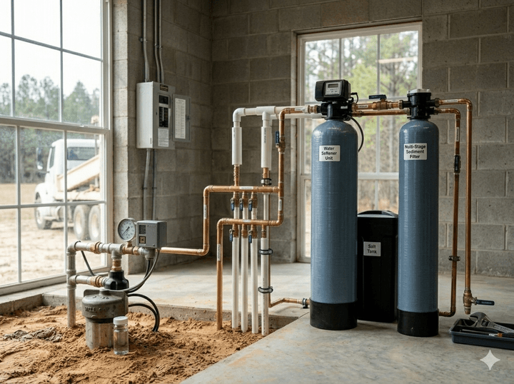 Water treatment equipment designed for private well filtration and conditioning.
