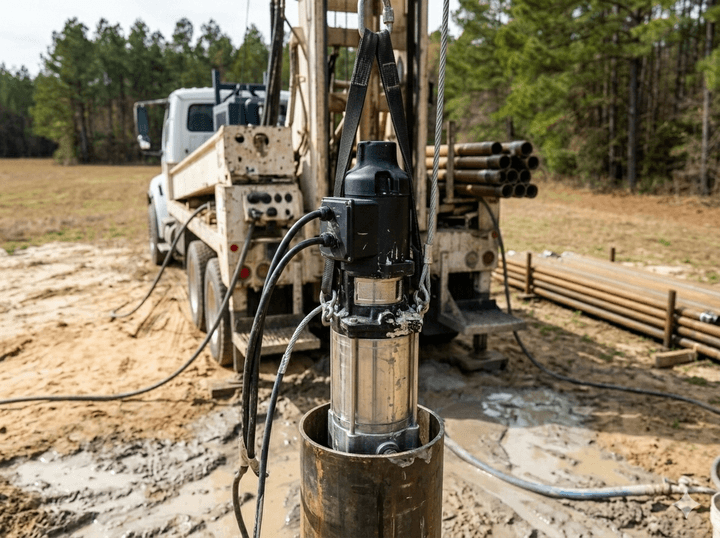 Technician servicing well pump equipment for a private water system.